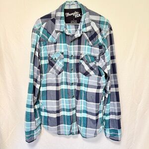 Wrangler Men's Teal and Gray Plaid Button Down Shirt Large Western Casual